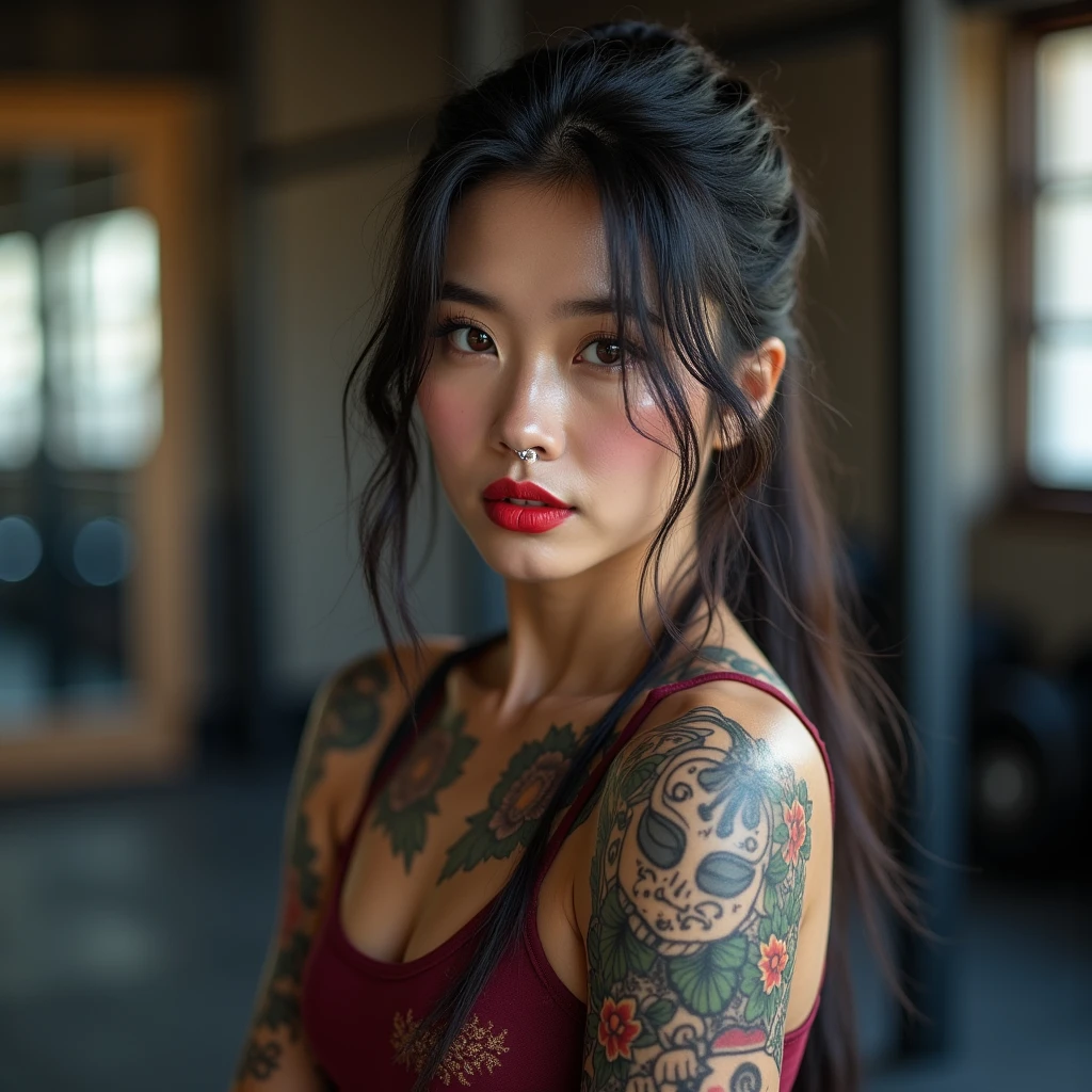 Advertising photograph of a (Japanese) woman, very beautiful, the image shows the woman alone in full body, she is not accompanied. She is an Asian woman with an appearance similar to a geisha, she does not wear makeup and her hair is typical of a traditional Japanese woman. She wears a very stylish hairstyle. her face is charming, her eyes are vivid and bright, whoever looks at her is deeply amazed, her gaze is seductive, captivating and mesmerizing. Her full lips are like a painting, very red and highlight a mischievous and provocative smile. her body is a work of art, the physique of a determined athlete. She has some piercings on her lips, nose and body. Your skin is white, oily and shiny. She has beautiful oriental tattoos spread all over her body, the tattoos highlight her hot beauty even more. She wears typical gym clothes, shorts and a top that fits her body well. She is in a CrossFit box and is being photographed full body in front of the gym mirror. The image shows every detail of her lush and attractive body. the environment is well lit. 8k image, ultra-realistic photography, ultra-detailed photo, perfect image.
