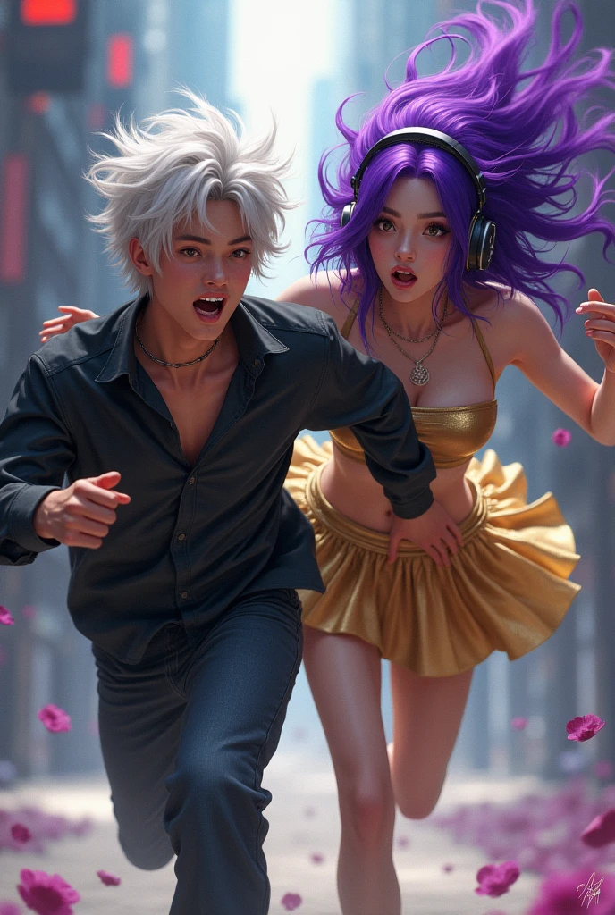 Young white hair man running away from Korean purple hair butterfly woman with headphone and gold skirt 