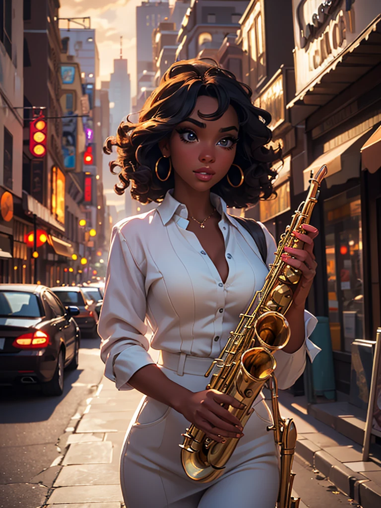 a young woman in her 22s walking down the street playing saxophone, highly detailed, ultra-realistic, 8K, photorealistic, dramatic lighting, cinematic composition, detailed facial features, beautiful detailed eyes, beautiful detailed lips, extremely detailed face, long eyelashes, elegant outfit, natural hair, dynamic pose, city street background, vibrant colors, warm lighting