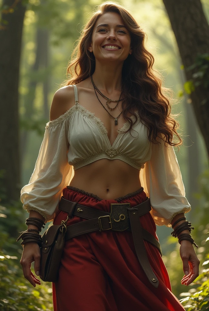 1woman, adventurer, medieval, walking through the forest , smiling, curvy, soft midriff.