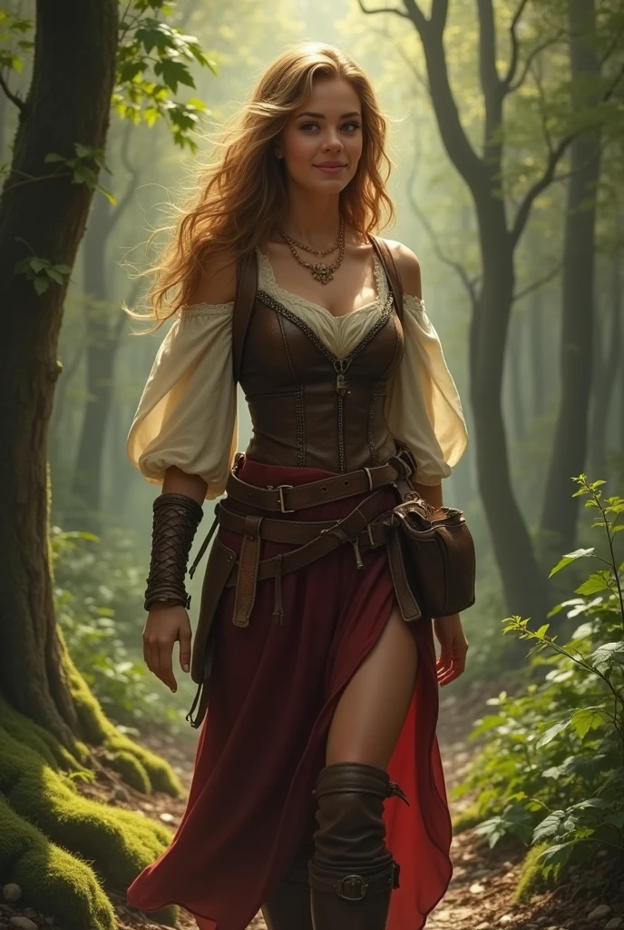1woman, adventurer, medieval, walking through the forest , smiling, curvy, soft midriff.