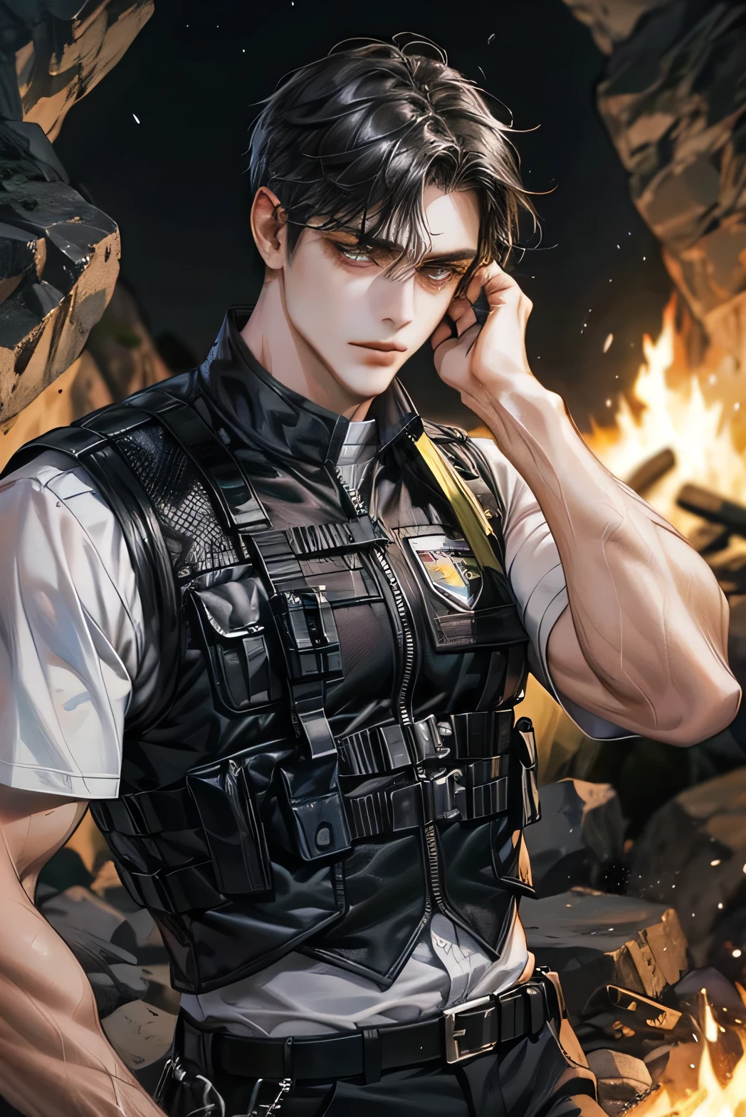 White short sleeves, black tactical vest, muscle, Handsome, man, black hair, yellow eyes, Sexy, Inside the cave, Warming up a campfire, Worried look on his face
