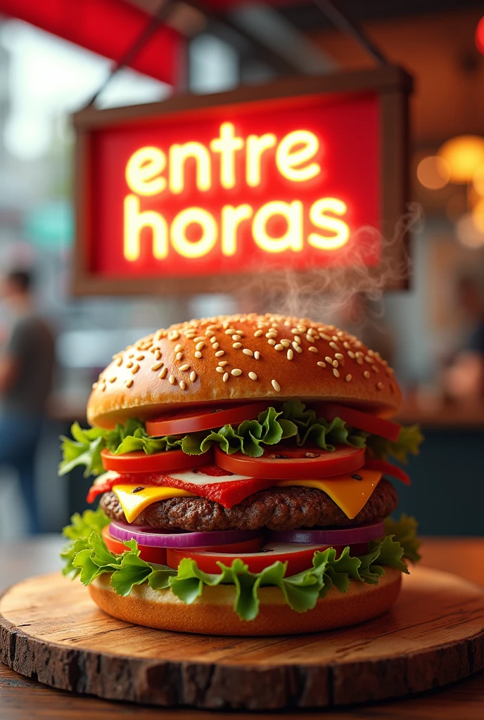 Create an advertisement with a hamburger that says on a sign "between hours" in Spanish