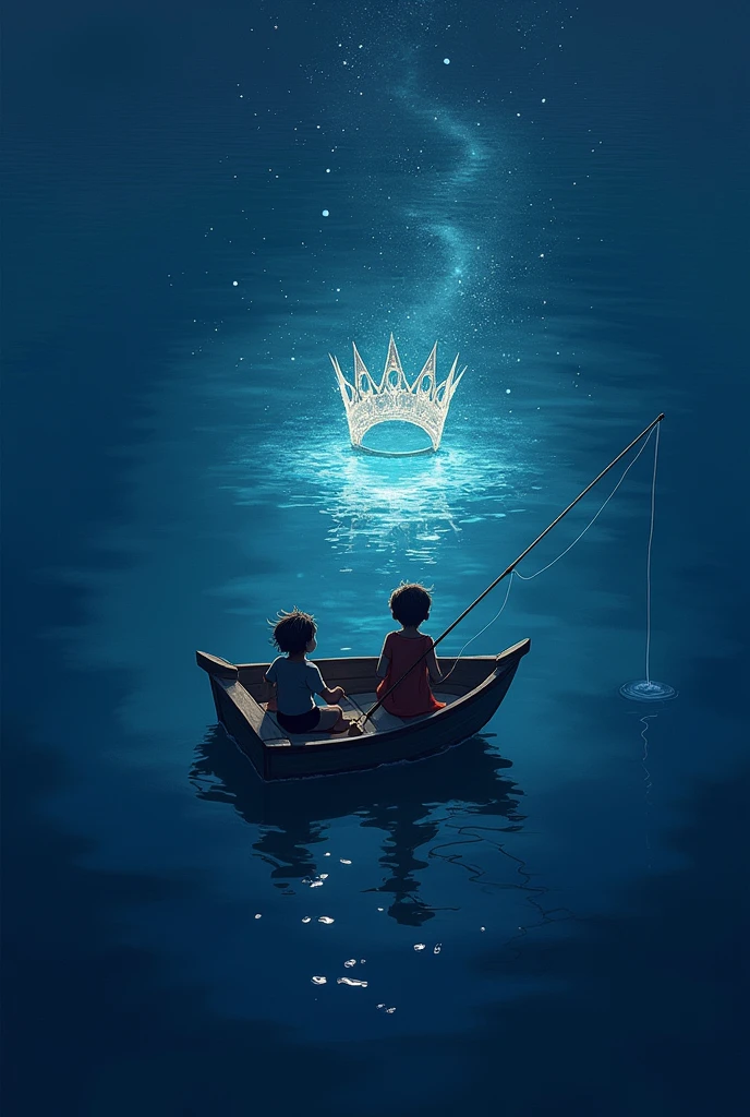 Drawing the water surface from above。
On the water surface、The photo shows the pirate's 4-year-old brother and 1-year-old sister aboard a small boat.。
Using a fishing rod、Trying to fish out the constellation crown reflected on the night sea surface、Gazing into the sea。