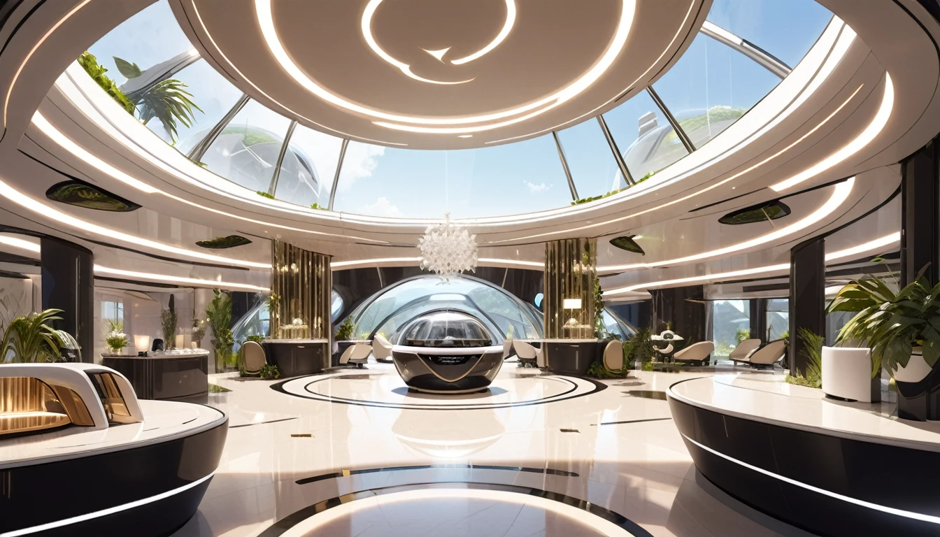 Detailed view of the reception of a 5 star luxury hotel, futuristic eco hotel.