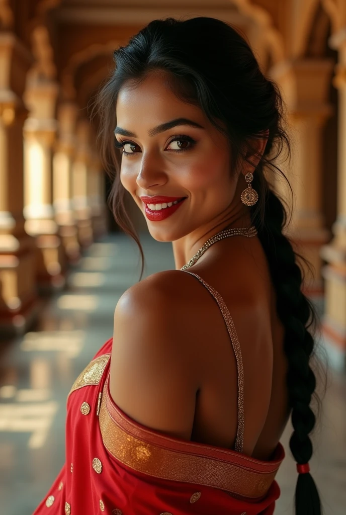 night scene, extreme close up photo of naked indian, hourglass figure, standing in temple in ugadi celebrations, French braid hair, necklace, sultry, seductive eyes, red lips, look at viewer and smile, (cinematic:1.3), intricate details, (ArtStation:1.2), no clothes 