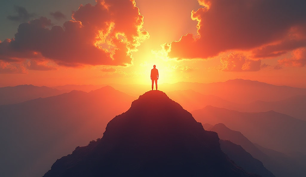(best quality, masterpiece, ultra detailed), A powerful image of a lone figure standing on a mountaintop, shouting into the vast sky. The figure's voice is depicted as sound waves radiating outward, blending with the colors of the sunset. This image represents the individual's resolve and the impact of their voice on the world.