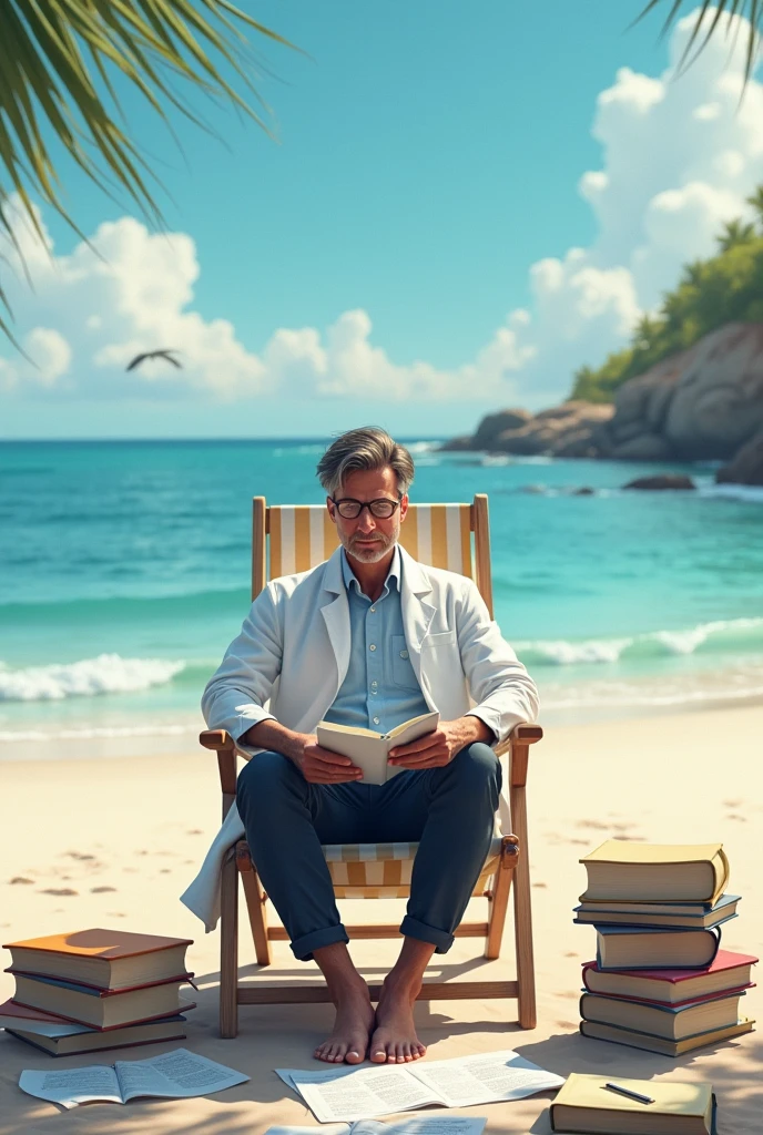 A teacher with a lab coat and on a beach chair surrounded by books
