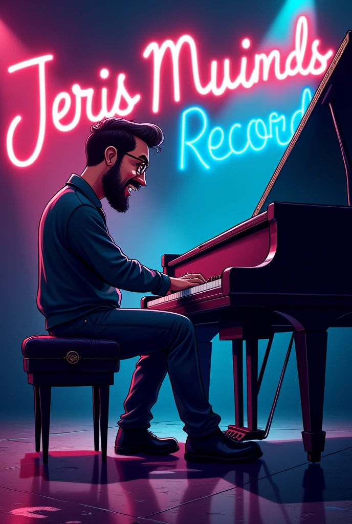 A jazz pianist performing at stage in a dark room..and there is writing ''JerisMusicRecords"..image is in cartoon but lalaland movie style ..also a musical is happening same time..there is dancers in there