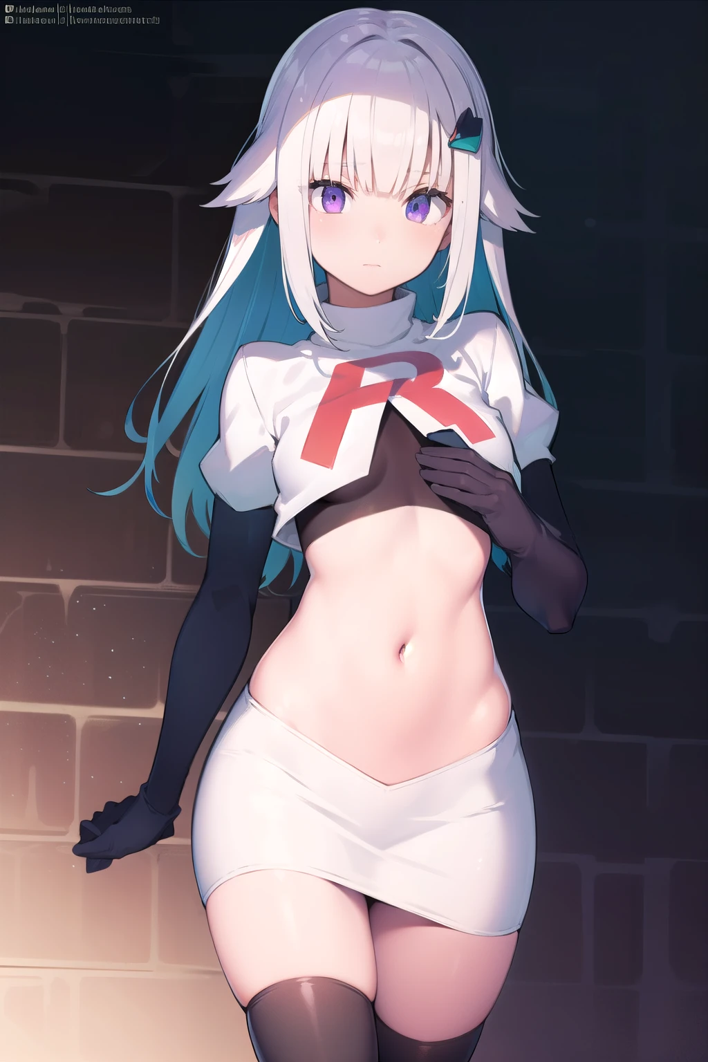 lizehelesta, lize helesta, blue hair, blunt bangs, colored inner hair, hair flaps, hair ornament, long hair, multicolored hair, (purple eyes:1.1), sidelocks, two-tone hair, white hair, (small breast:1.2),
BREAK virtual youtuber, team rocket,team rocket uniform,white skirt,red letter R,crop top,black thigh-highs,black elbow gloves,
BREAK looking at viewer,
BREAK outdoors,
BREAK (masterpiece:1.2), best quality, high resolution, unity 8k wallpaper, (illustration:0.8), (beautiful detailed eyes:1.6), extremely detailed face, perfect lighting, extremely detailed CG, (perfect hands, perfect ???????),