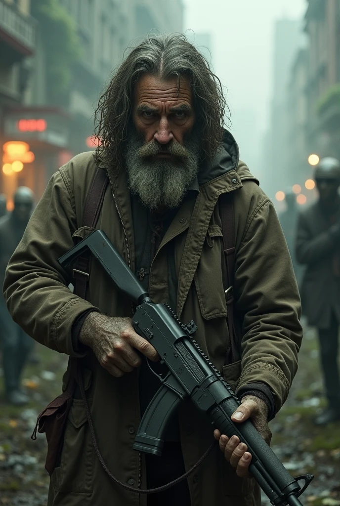 Dirty hobo with shotgun in zombie apocalypse, photorealism