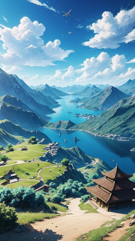 Realistic anime full 4k background landscape mobile legends icon bang bang small birds Ultra realistic blue sky