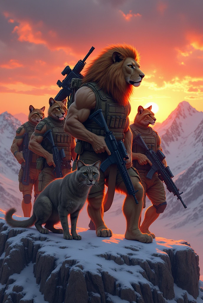 A heavily armed US Special Forces team consisting of a muscular lion and three muscular cats on a mountain during a beautiful sunset