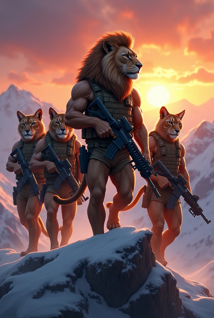 A heavily armed US Special Forces team consisting of a muscular lion and three muscular cats on a mountain during a beautiful sunset