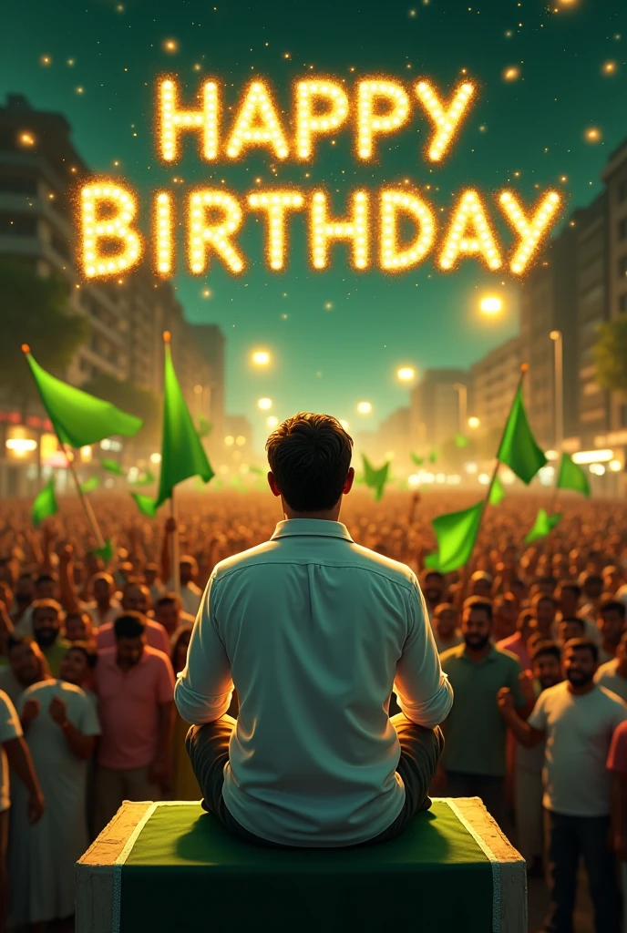 A large crowd of tamilnadu people of mostly men, gathered in a city street waving green flags and banners. In the center, a man with dark hair and beard wear white shirt  is sitting in platform addressing crowda man face front view on a platform. Night time , creating a dramatic atmosphere golden sparkle,The entire front face should be visible clearly  ,cartoon top of the sky happy birthday in golden fonts with sparkle