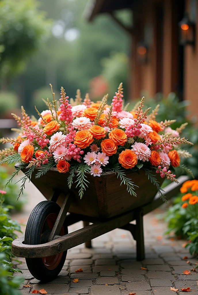 A wheelbarrow filled with a single kind of flowers in neo-traditional design