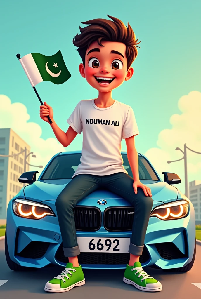 Create an cartoon like image of 15 years child. A name NOUMAN ALI written on his white t shirt, sitting on bmw, the car with a 6692 number plate, with Pakistani flag in hand, wearing green shoes.