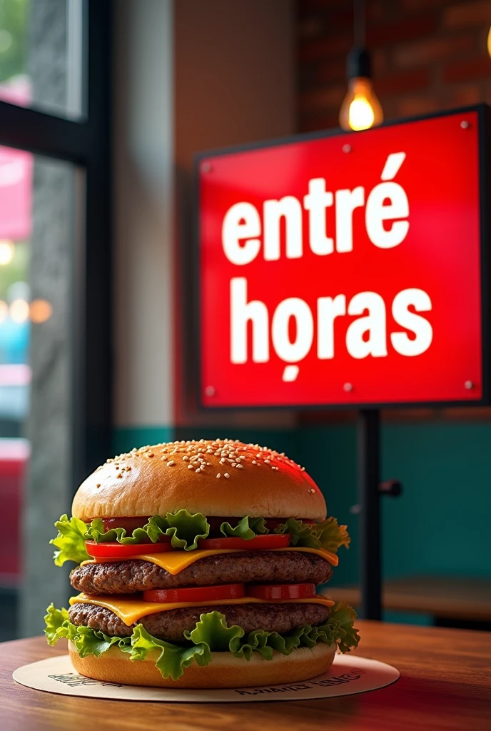 Create an advertisement with a hamburger that says on a sign "between hours" in Spanish