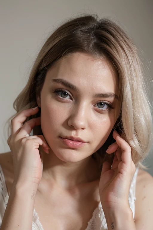 femme blanche de 23 ans, les cheveux lisses blanc polaire long, les yeux bleux avec un piercing au nez