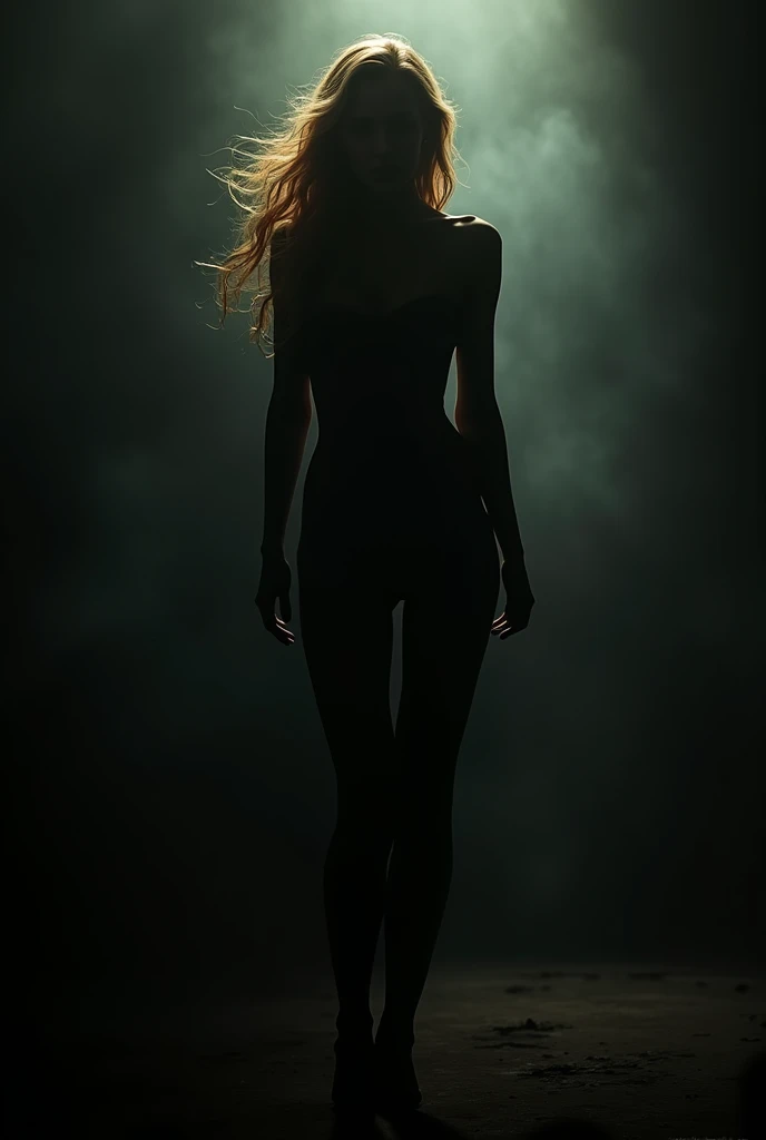 (photorealism:1.2), silhouette of mysterious blonde woman