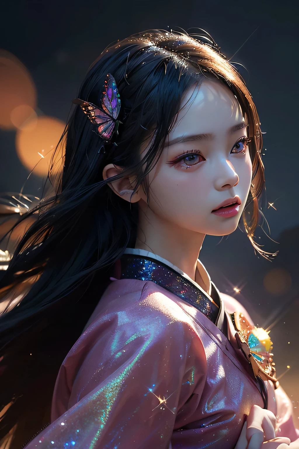 kanao from demon slayer. a young woman with long dark hair, beautiful detailed eyes, beautiful detailed lips, extremely detailed face, longeyelashes, wearing a butterfly kimono, (best quality,4k,8k,highres,masterpiece:1.2),ultra-detailed,(realistic,photorealistic,photo-realistic:1.37),digital painting,exquisite detail,intricate details,highly detailed,vivid colors,warm lighting,cinematic lighting,dramatic lighting, iridescence, dramatic angle, space, (floating colorful sparkles:1.3), Dramatic Lighting, Chiaroscuro, Evocative Depth. Portrait. Jennie