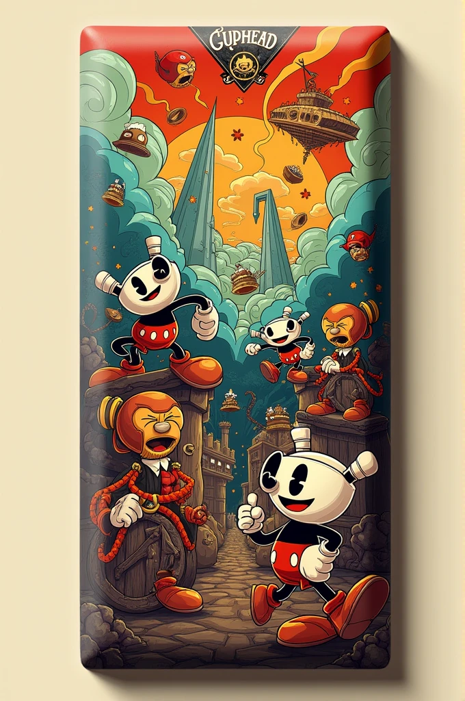 A chocolate bar whose wrapper has characters from the game Cuphead