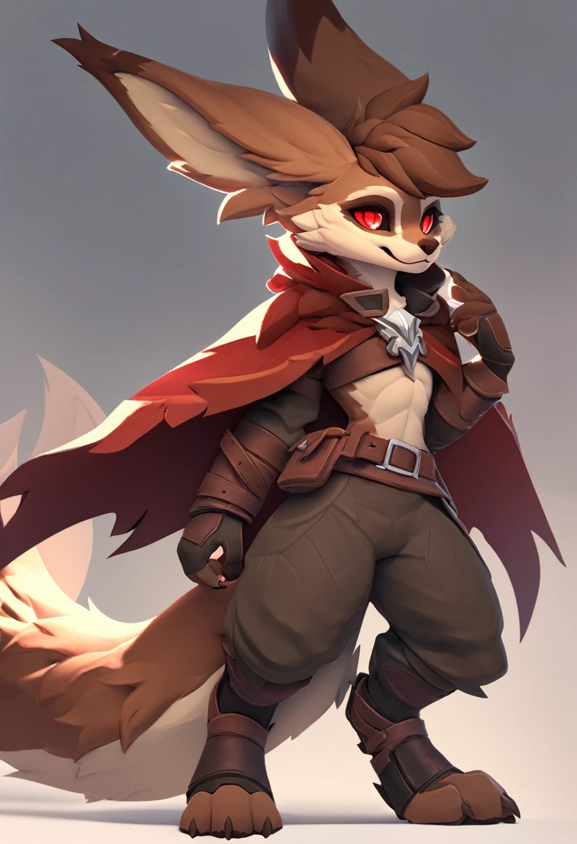 (top quality, best quality, High-quality illustrations, masterpiece) (hobkin, furry, anthro), male, full body concept, huge tail, fluffy fur, red eyes, cape clothing