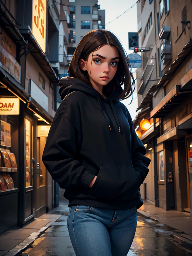 a pretty brunette girl, 22 years old, wearing a black hoodie and blue jeans, walking on an urban street, pensive and slightly sad expression, detailed facial features, detailed eyes and lips, complex urban background, whimsical lighting, Cinematic composition, Realistic photo, high quality, 8k, ultra detailed