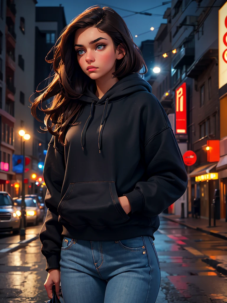 a pretty brunette girl, 22 years old, wearing a black hoodie and blue jeans, walking on an urban street, pensive and slightly sad expression, detailed facial features, detailed eyes and lips, complex urban background, whimsical lighting, Cinematic composition, Realistic photo, high quality, 8k, ultra detailed