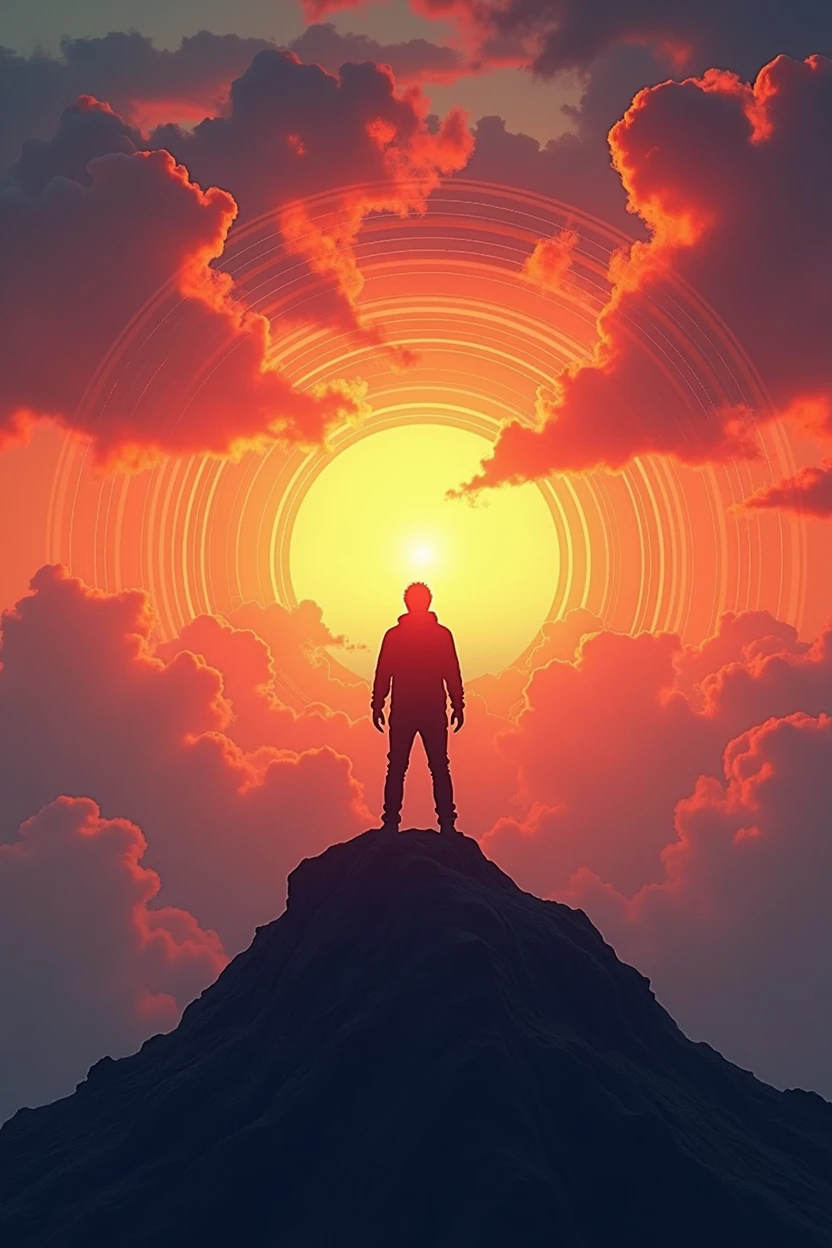 (best quality, masterpiece, ultra detailed), A powerful image of a lone figure standing on a mountaintop, shouting into the vast sky. The figure's voice is depicted as sound waves radiating outward, blending with the colors of the sunset. This image represents the individual's resolve and the impact of their voice on the world.