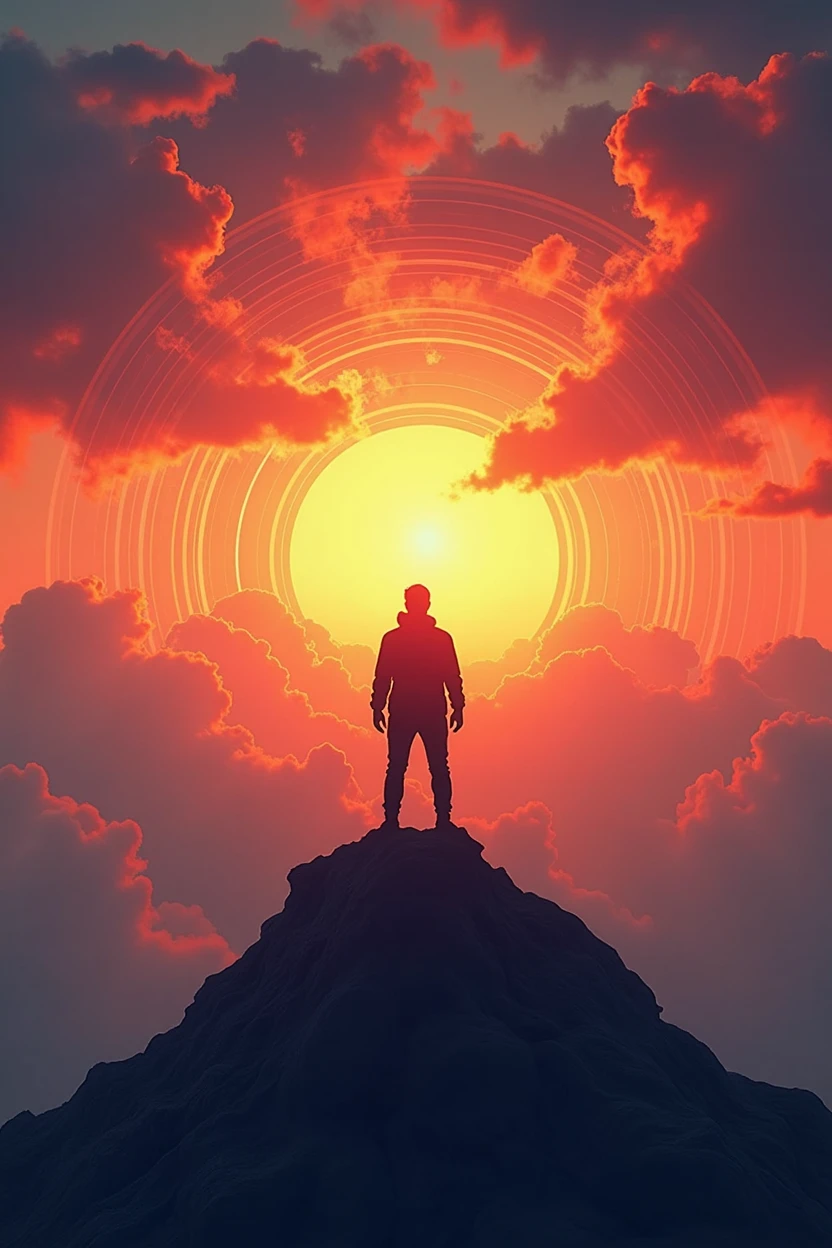 (best quality, masterpiece, ultra detailed), A powerful image of a lone figure standing on a mountaintop, shouting into the vast sky. The figure's voice is depicted as sound waves radiating outward, blending with the colors of the sunset. This image represents the individual's resolve and the impact of their voice on the world.