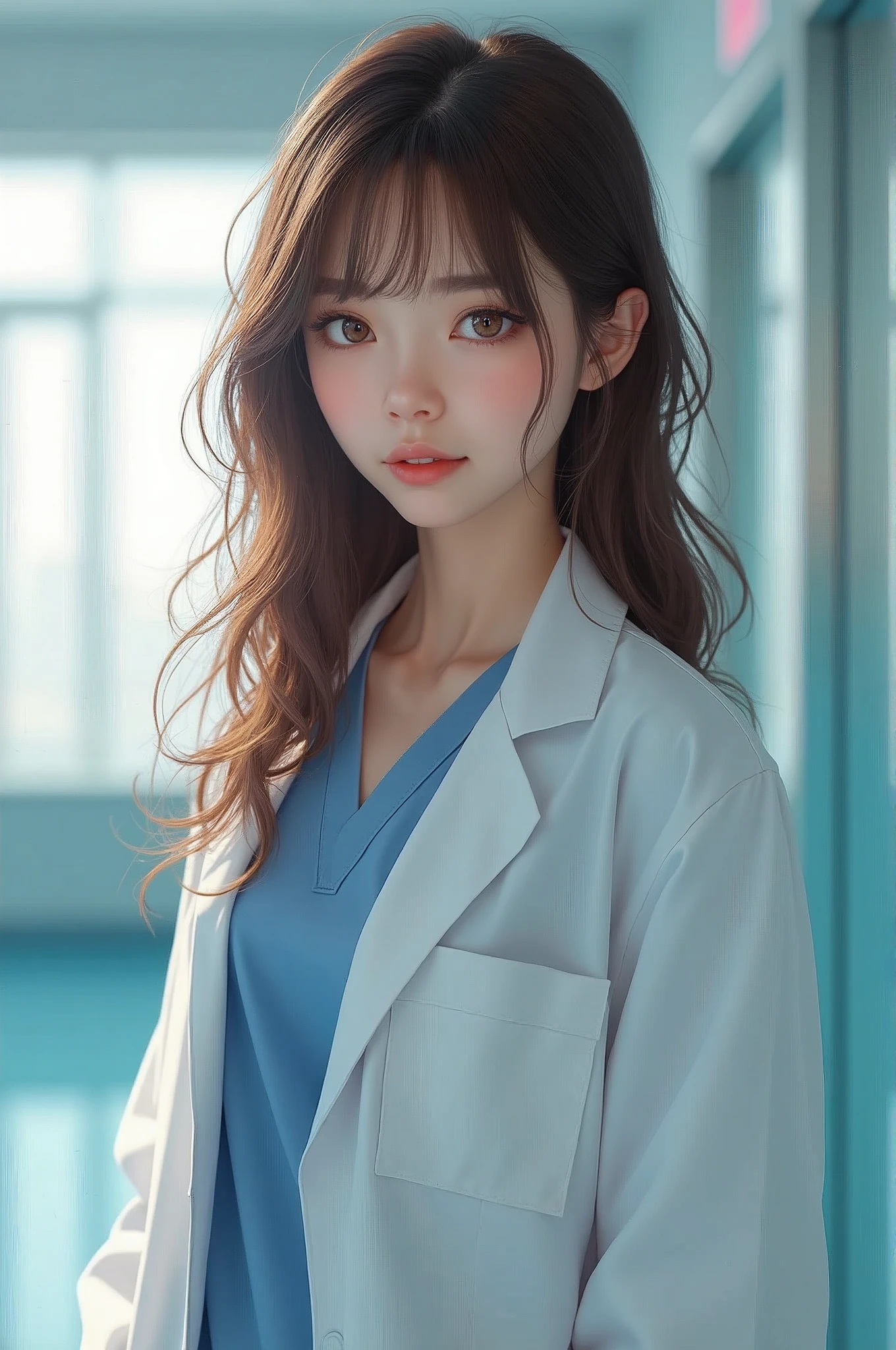 Pretty and adorable girl with brown hair, hairstyle is layers with curtain bangs + hazel sexy eyes wearing a doctor outfit