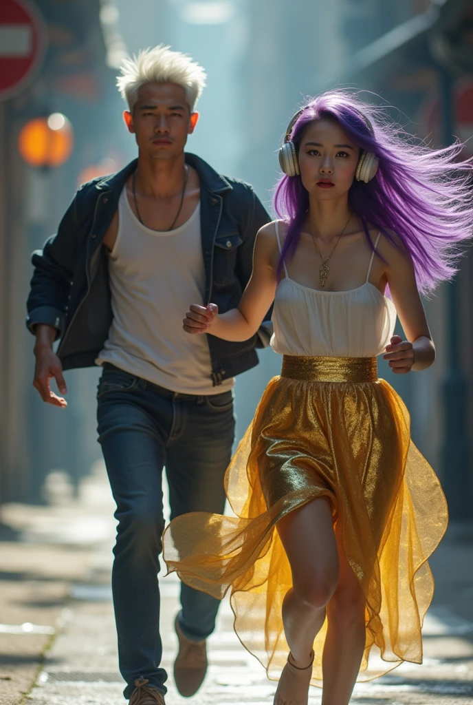Young white hair man running away from Korean purple hair butterfly woman with headphone and gold skirt