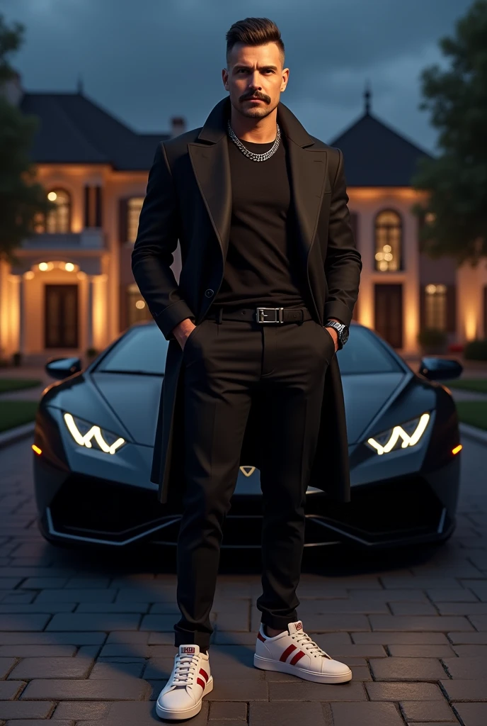 A man with a amazing aesthetic physique with black coat black pants white shoes with two red lines silver coloured watch silver chain on the neck and beared with a large moustache sharp eyes hair cut handsome. near  black lamborghini back ground night in front of a big house 
