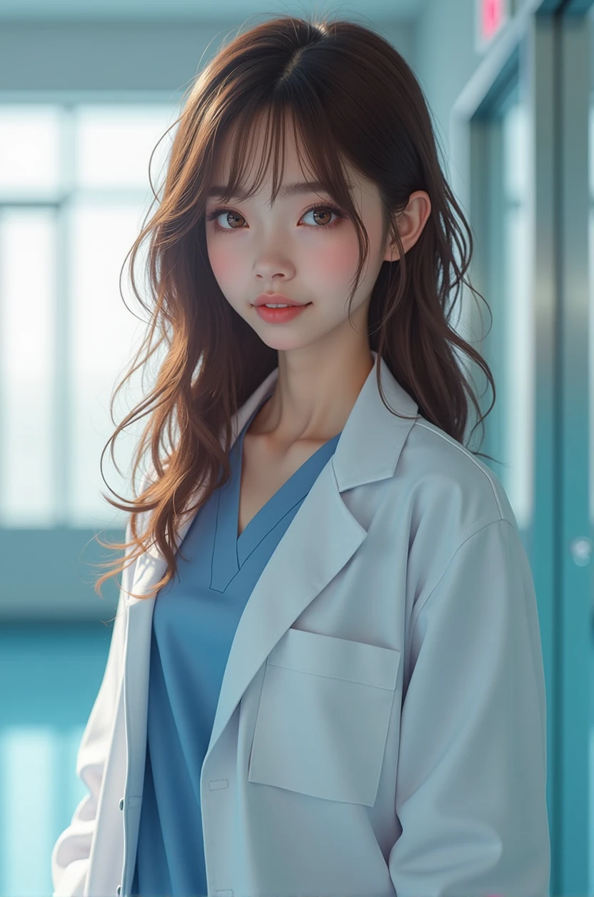 Pretty and adorable girl with brown hair, hairstyle is layers with curtain bangs + hazel sexy eyes wearing a doctor outfit