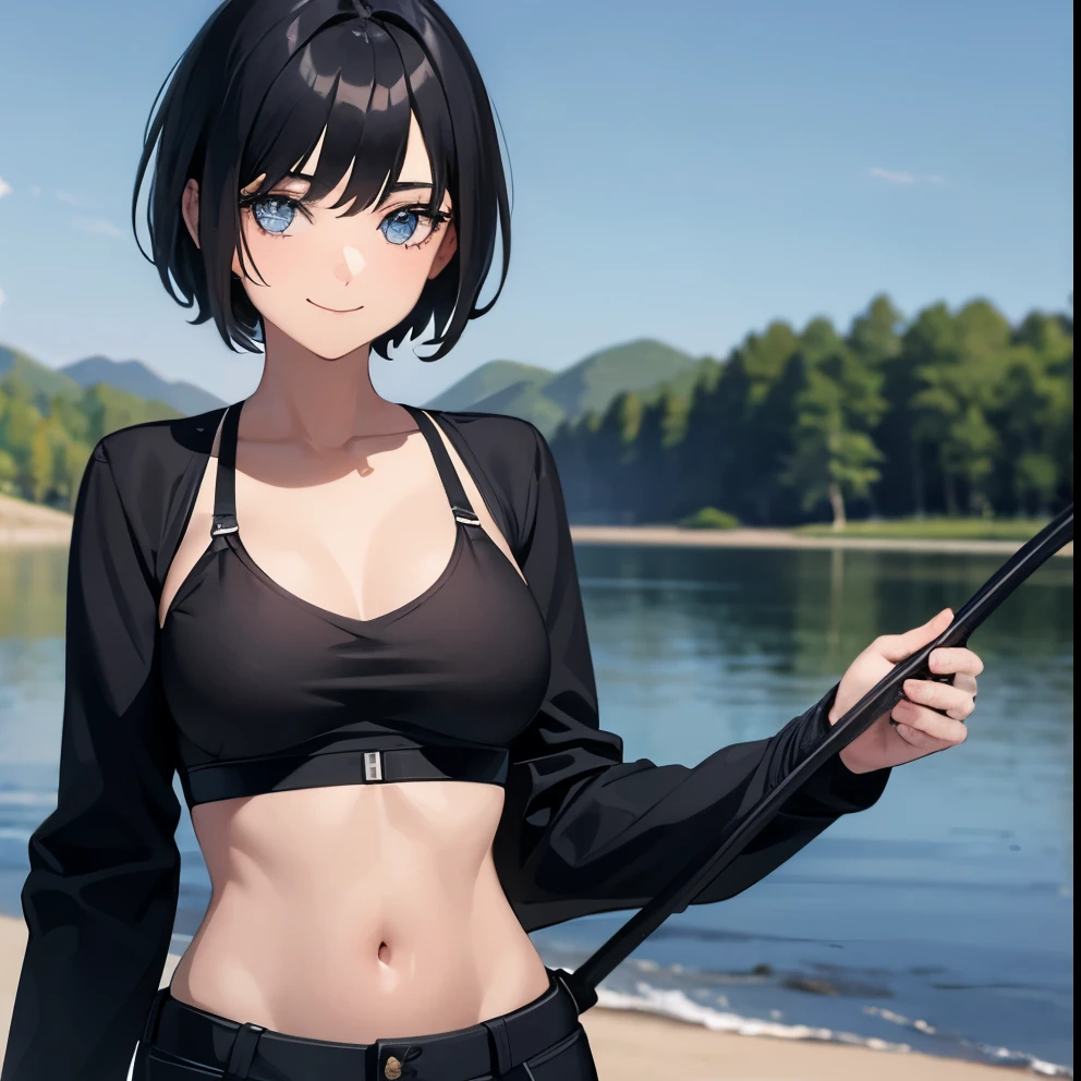 [(Beautiful young girl) (short black hair) (blue eyes) (flat chest)]  ([high Definition] [correct anatomy]): (in the edge of a canon) (wearing fishing pants) (wearing a black bra) (standing) (big smile) (her back perspective)