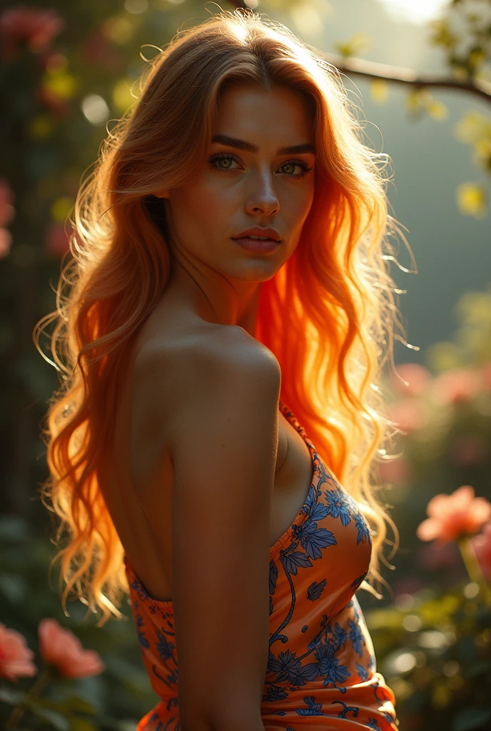 Sensual young woman, in thin silk dress, dewy skin, shiny skin, looking into camera 36k dehaze, full body, backlit, chic fashion editorial, floral, body silhouette light, backlit silhouette silhouette((light orange hair)) (fashion high fashion) photography, (close-up: 1.1), glamorous woman with gorgeous (((blue and light orange flowered))) silk gown, beautiful side boob, sensual body, sensual pose, wearing thin strappy high heels,
