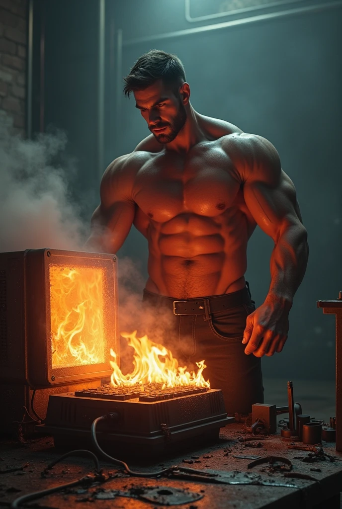 Make a realistic image of a muscular man using a burning computer Make it more fire Make the computer smoke 