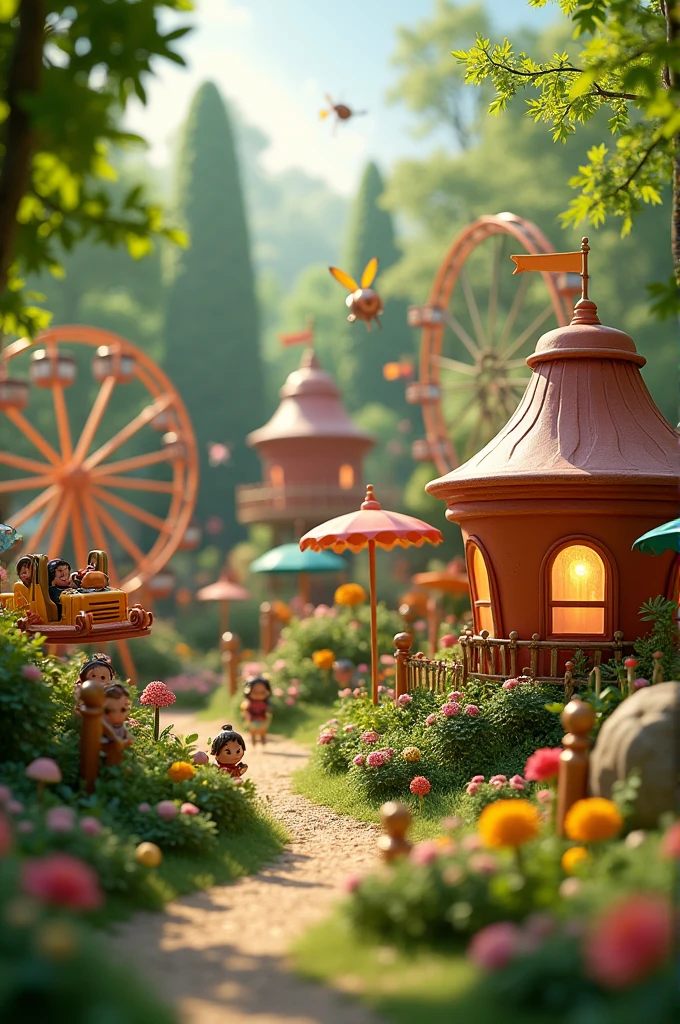 An amusement park for little people in a big garden、There is a roller coaster and a Ferris wheel.、A large flowerpot has been turned into a building、The amusement park is bright and lit up.。