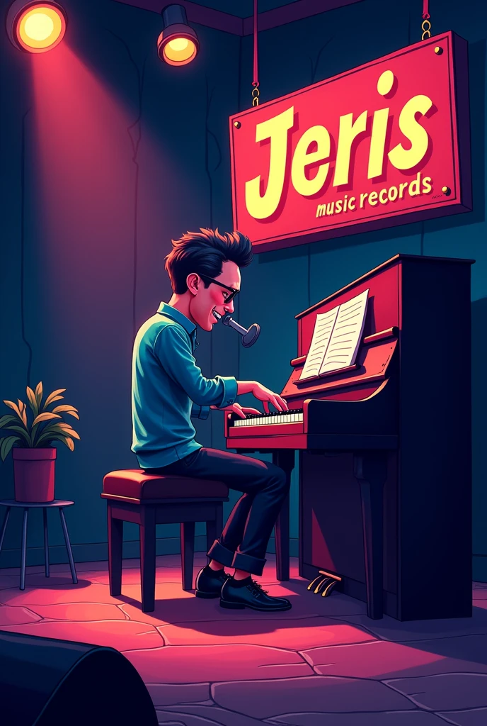 A jazz pianist performing at stage in a dark room..and there is writing ''JerisMusicRecords"..image is in cartoon