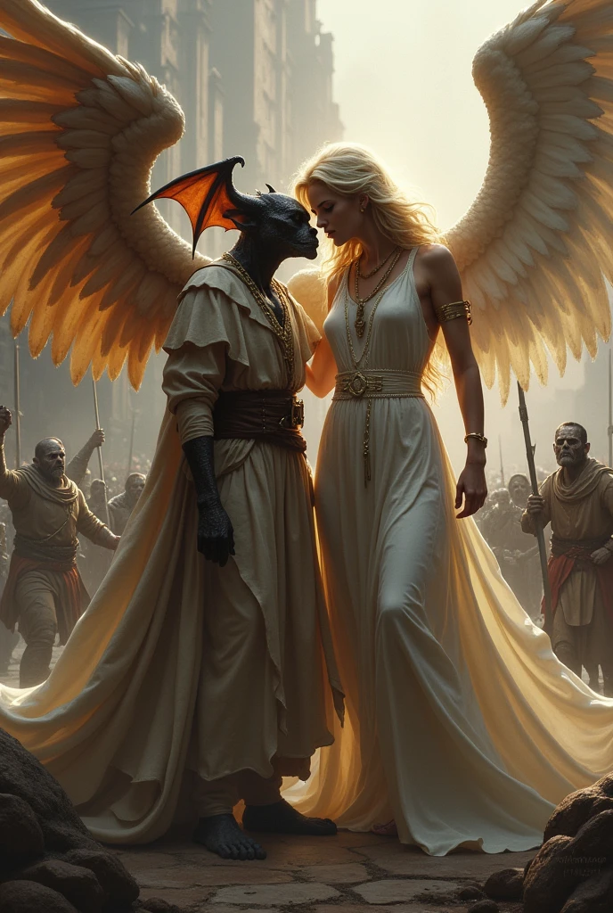 In this epic scene feom the magic the gathering universe. a Small cute small flying Demon sways behind an female angel. The small demon whispers into the ear of this majestic and confise looking angel. In the backgeound there are clerics fighting against zombies.