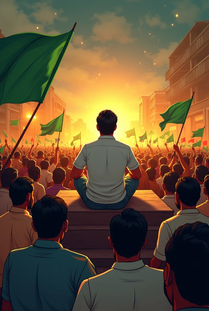 A large crowd of tamilnadu people of mostly men, gathered in a city street waving green flags and banners. In the center, a man with dark hair and beard wear white shirt is sitting in platform addressing crowda man face front view on a platform. Night time , creating a dramatic atmosphere golden sparkle,The entire front face should be visible clearly ,cartoon