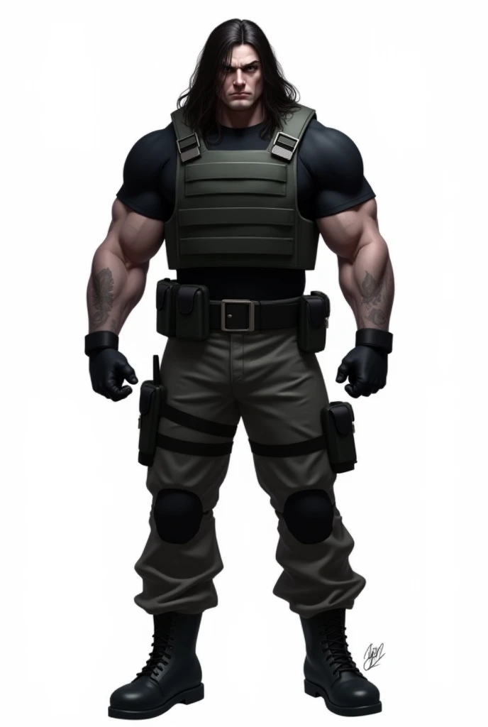 Dark Simple Serious Art, character front full body standing, just the character in the image, grown-up, plain white background, tall face, brawny, long hair, blackw, with bulletproof vest and military pants