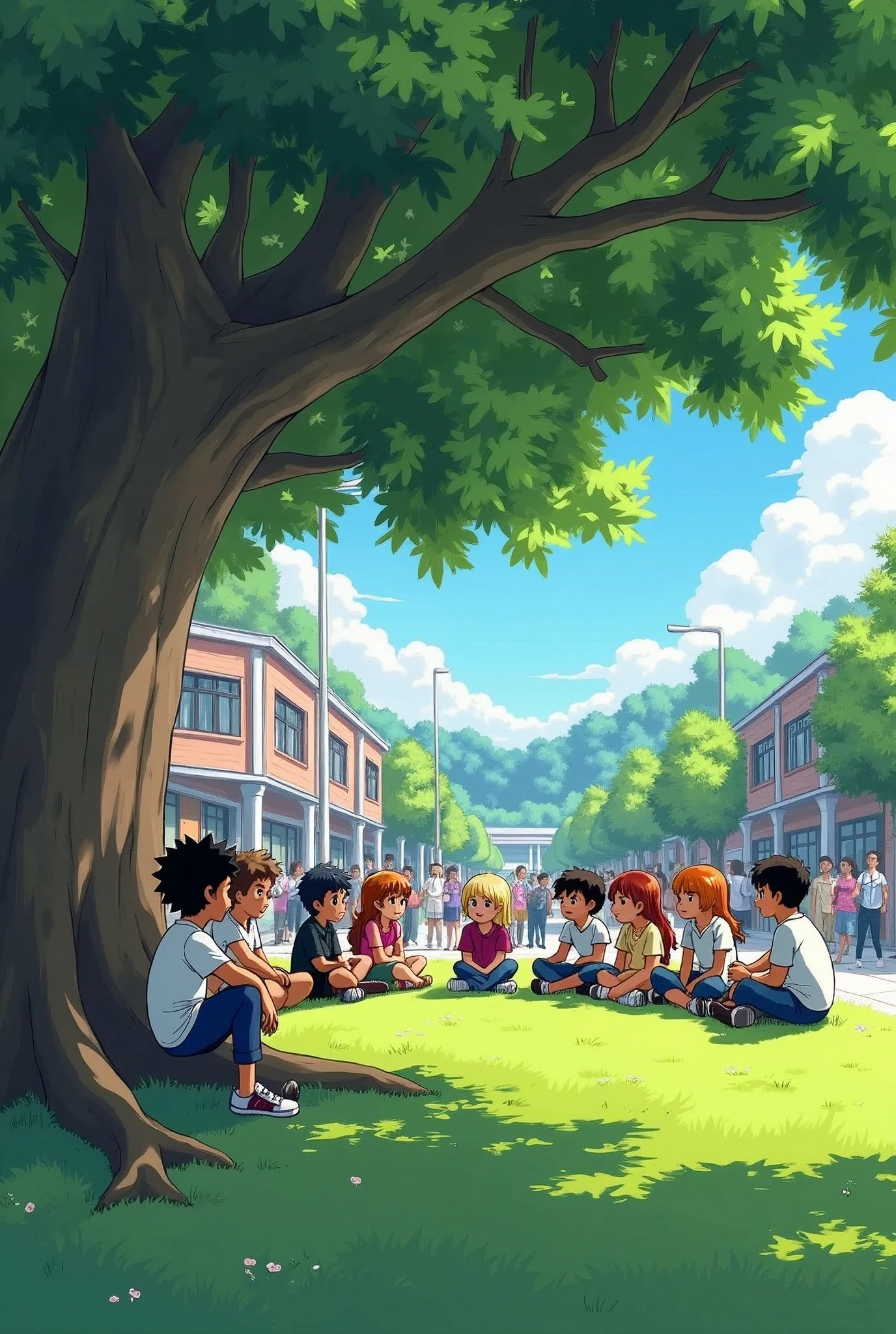 Create videos and images of a group of young students with 11+ boys and 9+ girls, black, white and brown skinned, including a boy with short hair or a shaved head, sitting in a circle outdoors, talking under a huge tree on a sunny day with fresh green grass, in a busy environment full of people, all in anime style