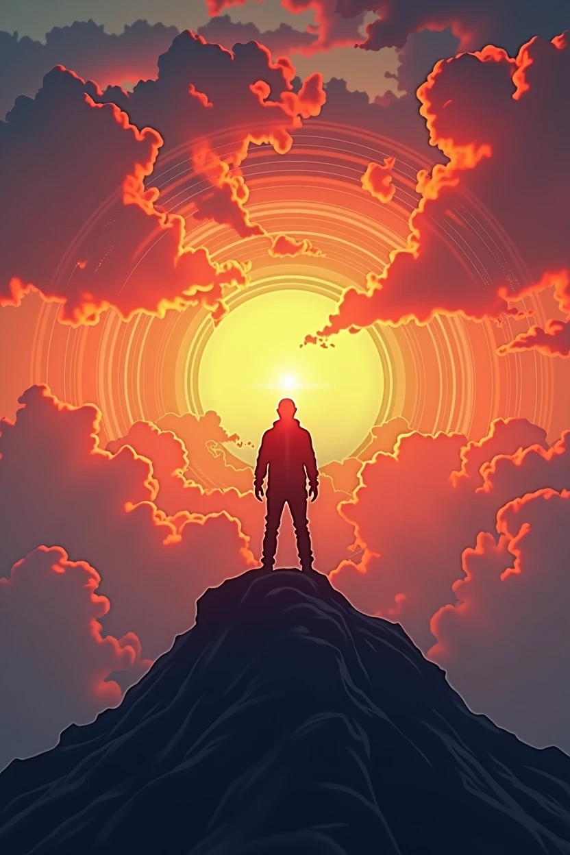 (best quality, masterpiece, ultra detailed), A powerful image of a lone figure standing on a mountaintop, shouting into the vast sky. The figure's voice is depicted as sound waves radiating outward, blending with the colors of the sunset. This image represents the individual's resolve and the impact of their voice on the world.