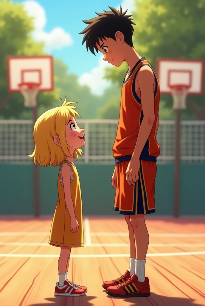 Cute short blonde girl with a tall strong black haired basketball player boy 