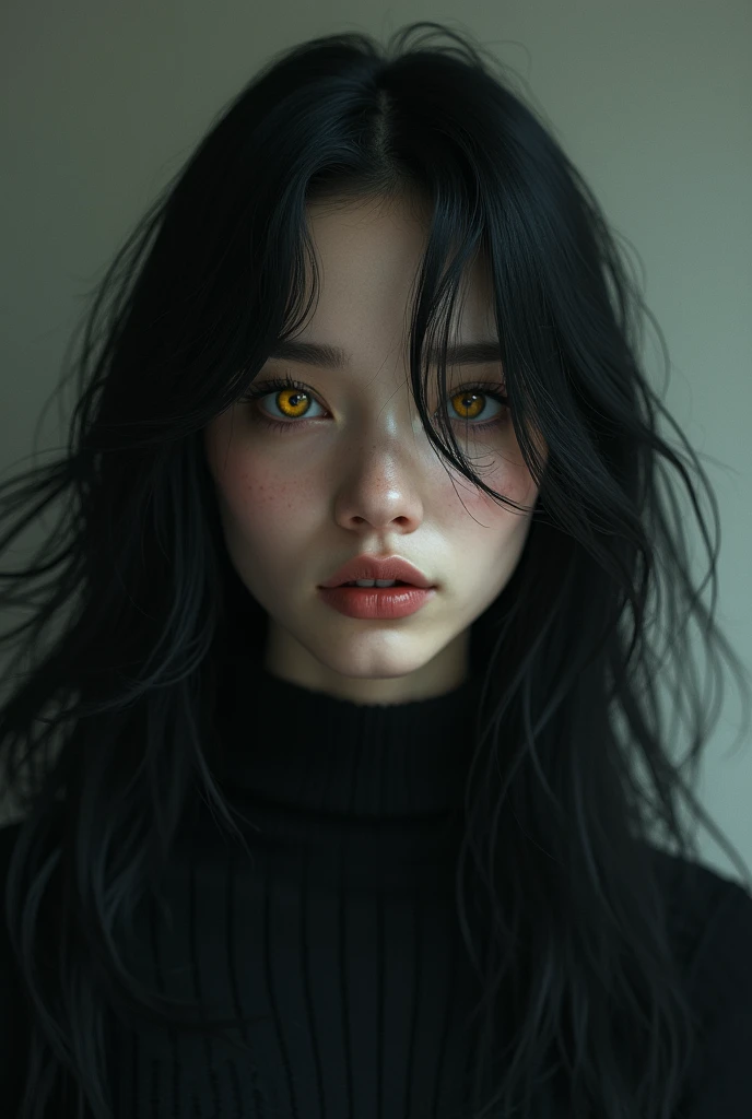 Pretty 22 year old woman with black hair, cold look and yellow eyes, realistic art 