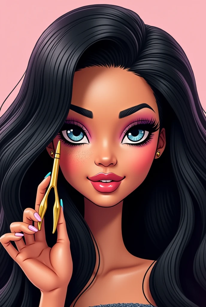 Bratz with long black hair holding a lash tweezers