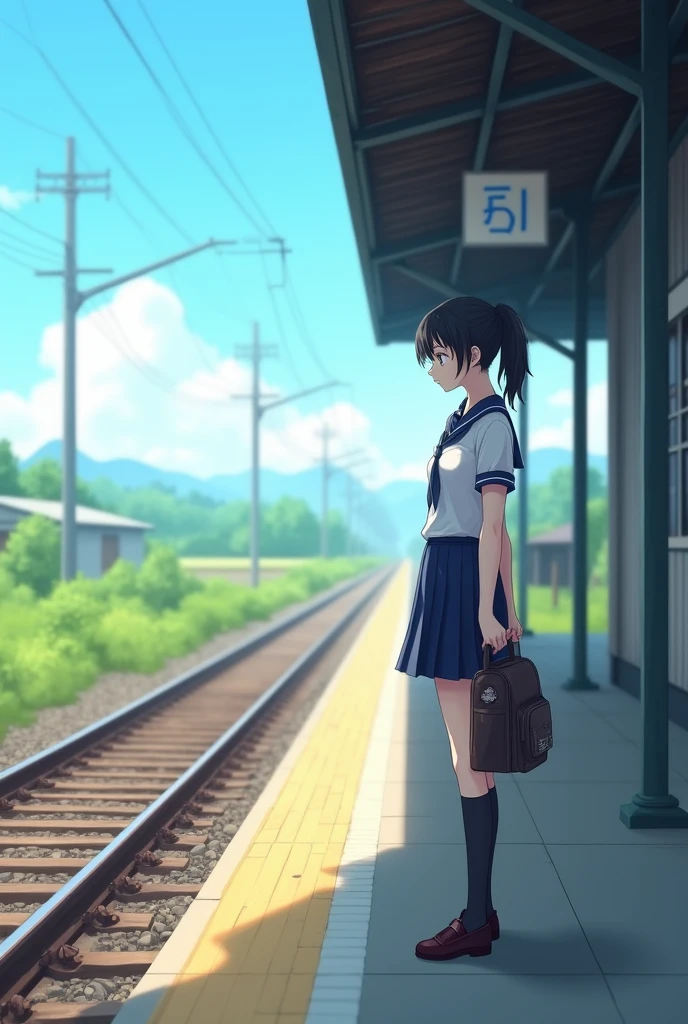 Unmanned stations、Local lines、single-track、One side and one line、Non-electrified、Waiting for the train、beautiful girl、uniform、、cute、blue sky、Close-up、Black Hair、ponytail、cute、School Bag、I can see the railroad tracks