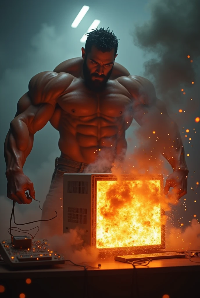 Make a realistic image of a muscular man using a burning computer Make it more fire Make the computer smoke Make the computer return to normal